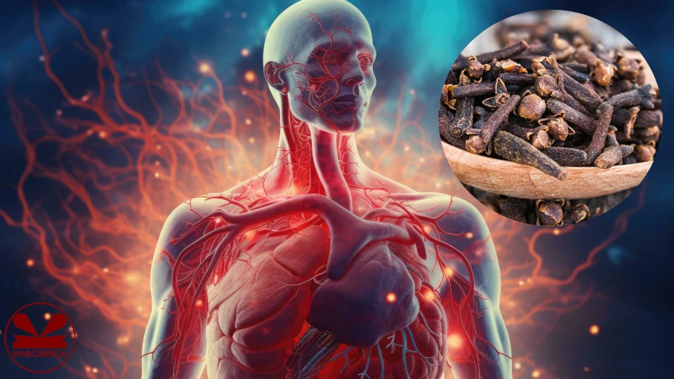 Pichani kuna kielelezo cha mtu kinachoonesha viungo vya ndani ya kifua hasa moyo na mishipa yake ya damu na pembeni kuna picha ndogo ya mviringo ya vipande vya karafuu.